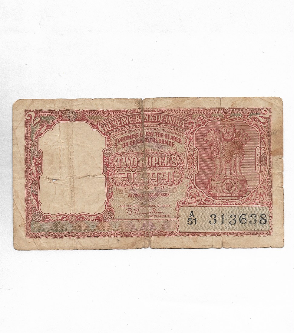 2 RUPEE ~ B.RAMA RAO, 2nd ISSUE ~ β A β PRIFIX ~ TIGER FACE, RARE NOTE ...