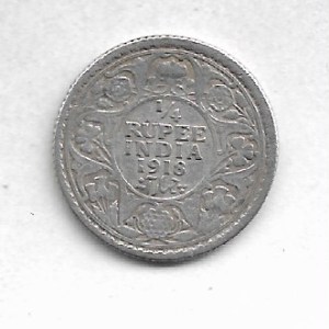 GEORGE V ~ 1/4 RUPEE ~ 1918, KOLKATA MINT ~ SILVER RARE COIN ~ F-24
