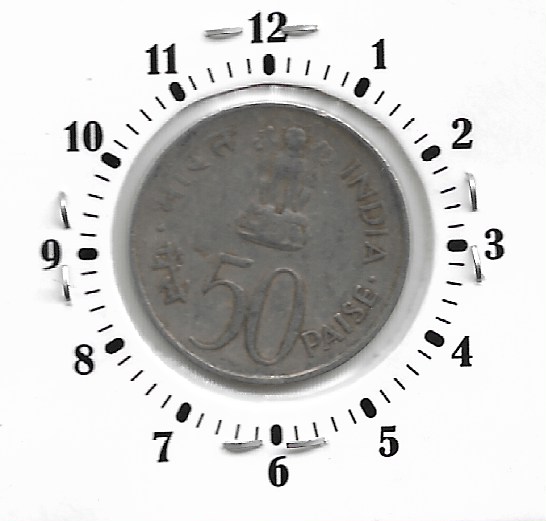 50 PAISE ~ ERROR ( 1 oCLOCK ) ~ 1972, 25th INDEPENDENCE DAY ~ RARE COIN ...