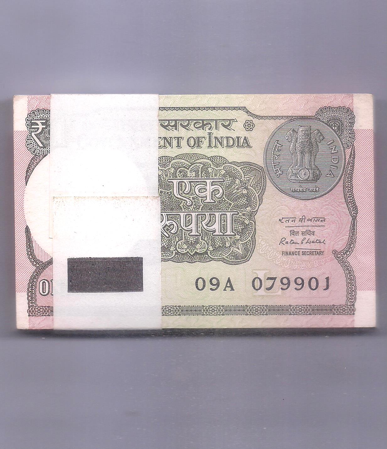 1 RUPEE ~ BUNDLE OF 100 NOTES ~ RATAN P WATAL ~ 2016 ( WITH 080000 NOTE ...